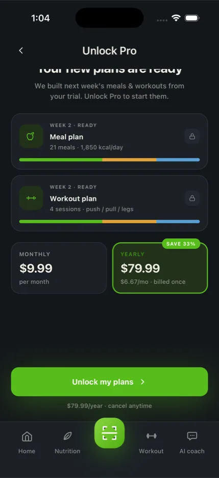 FitFatta Pro upgrade screen with monthly and yearly pricing