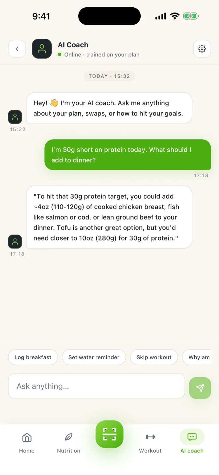 A real FitFatta AI coach conversation about hitting a protein target