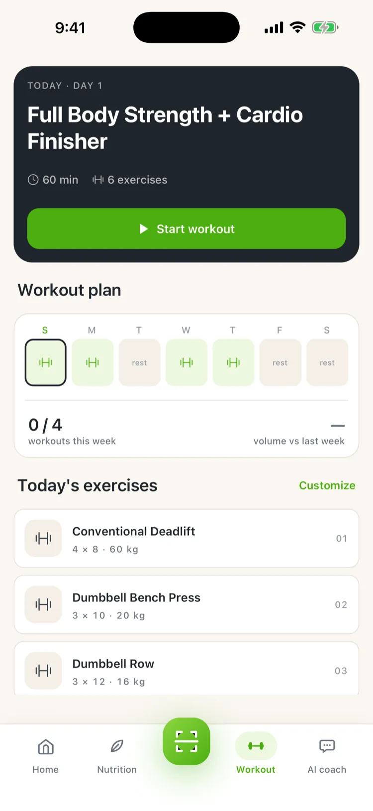 A FitFatta workout day: weekly plan, exercises with sets and reps, and Start workout